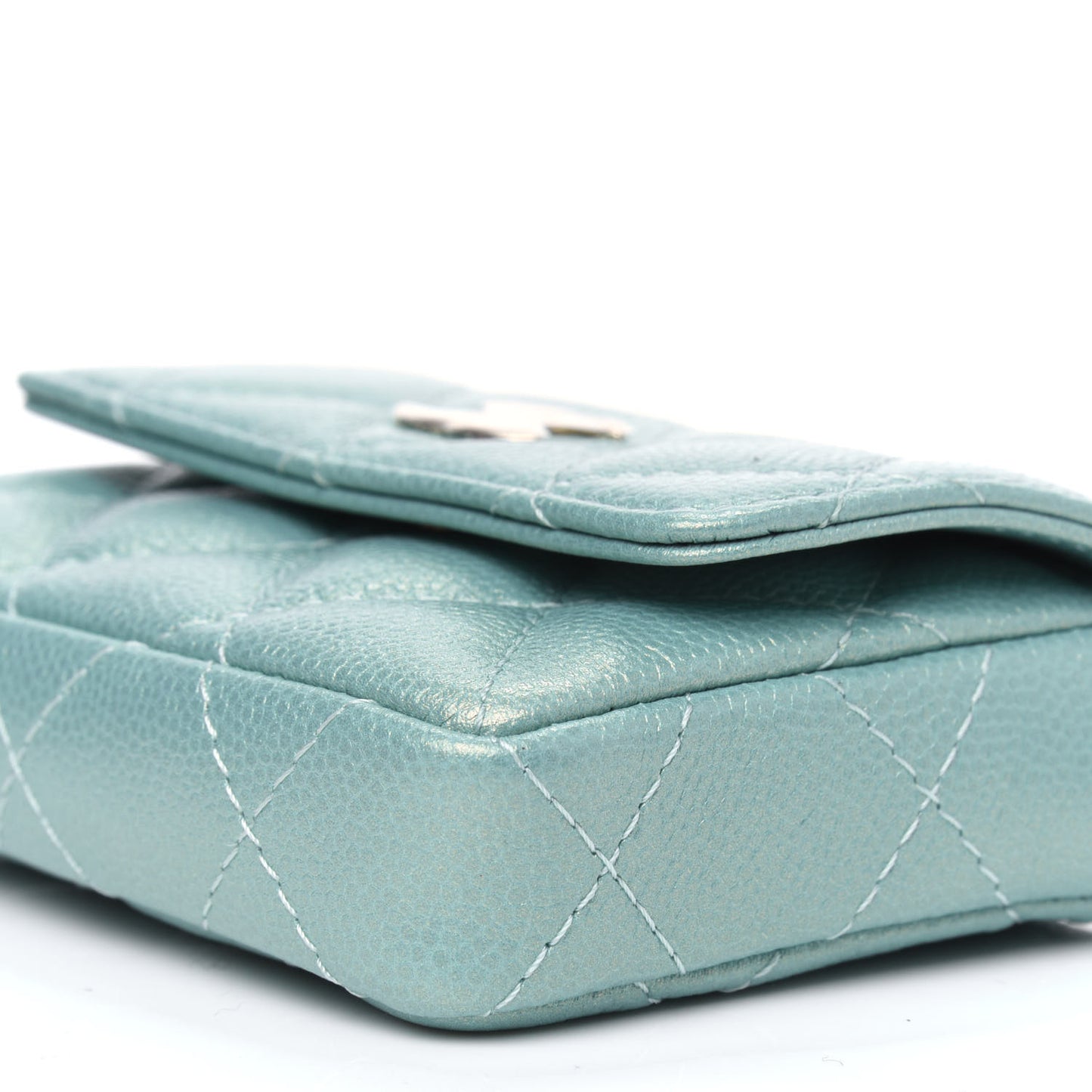 Iridescent Caviar Quilted Pearl On Top Coin Purse With Chain Light Green