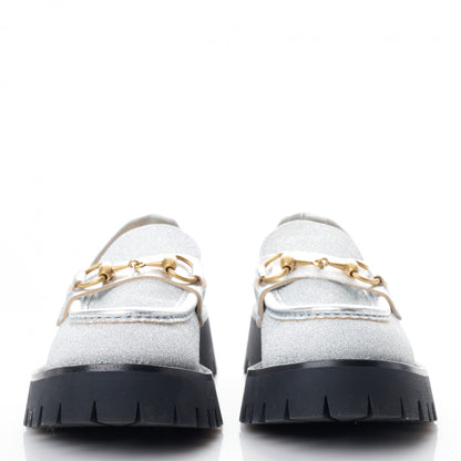 Gucci Mini Diamond Storm Silk Calfskin Womens Harald Horsebit 25mm Platform Loafers 36 Silver 2 of 10