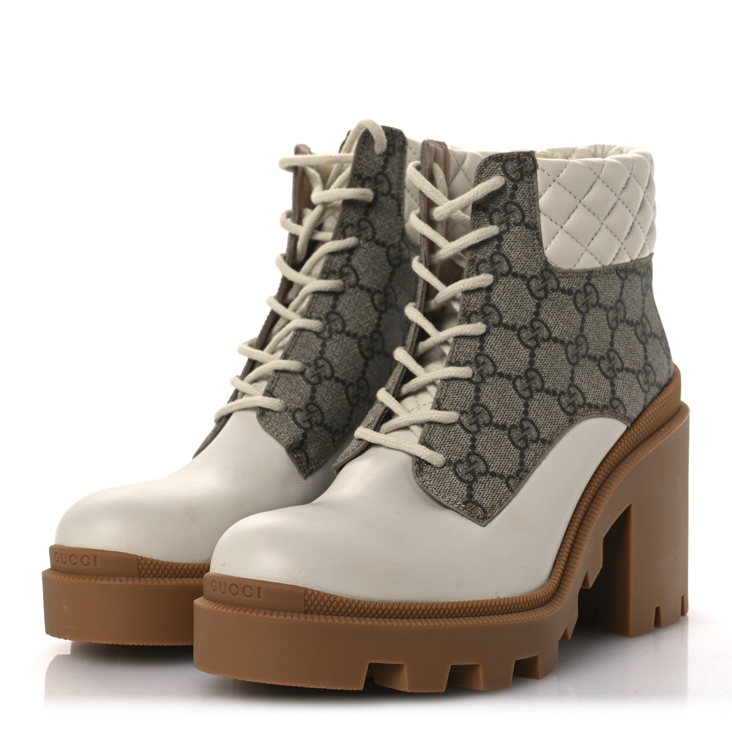 Gucci Calfskin GG Supreme Monogram Nappa Quilted Lace Up Ankle Boots 42 Mystic White Beige 4 of 12