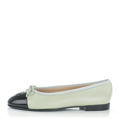 Chanel Lambskin Patent Cap Toe Ballerina Flats 37 Light Green Black 1 of 9