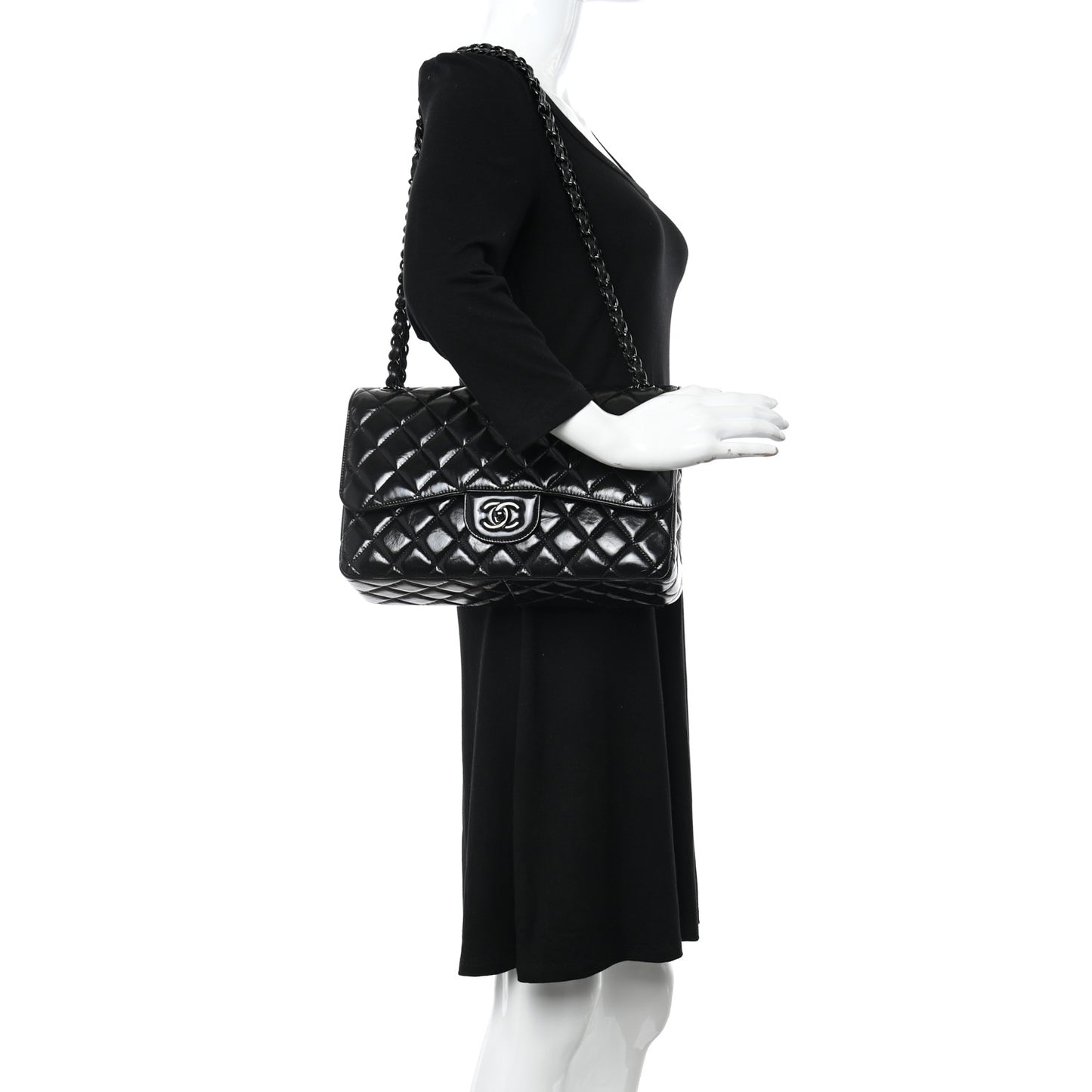 Shiny Distressed Calfskin Quilted Jumbo Double Flap So Black