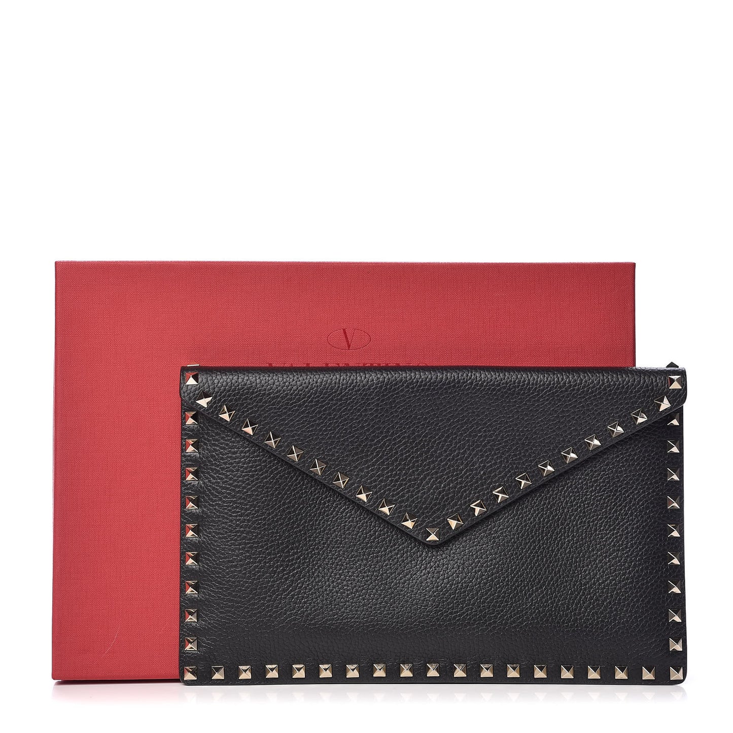 Pebbled Calfskin Large Rockstud Envelope Clutch Black