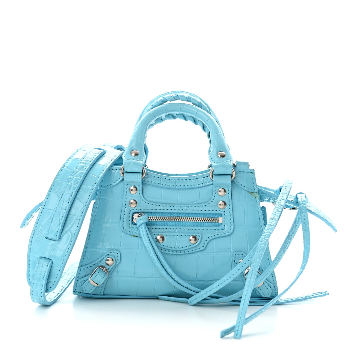 Calfskin Crocodile Embossed Neo Classic Silver Hardware Nano City Crossbody Azur