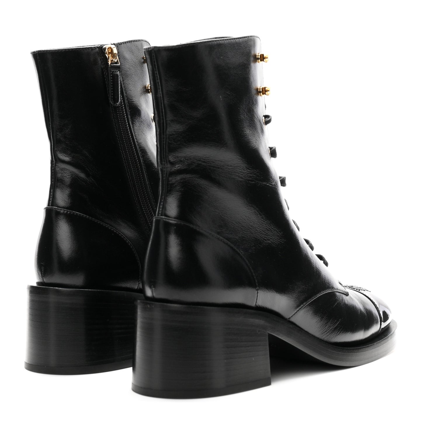 Shiny Calfskin Patent Cap Toe Lace Up Combat Boots 40 Black