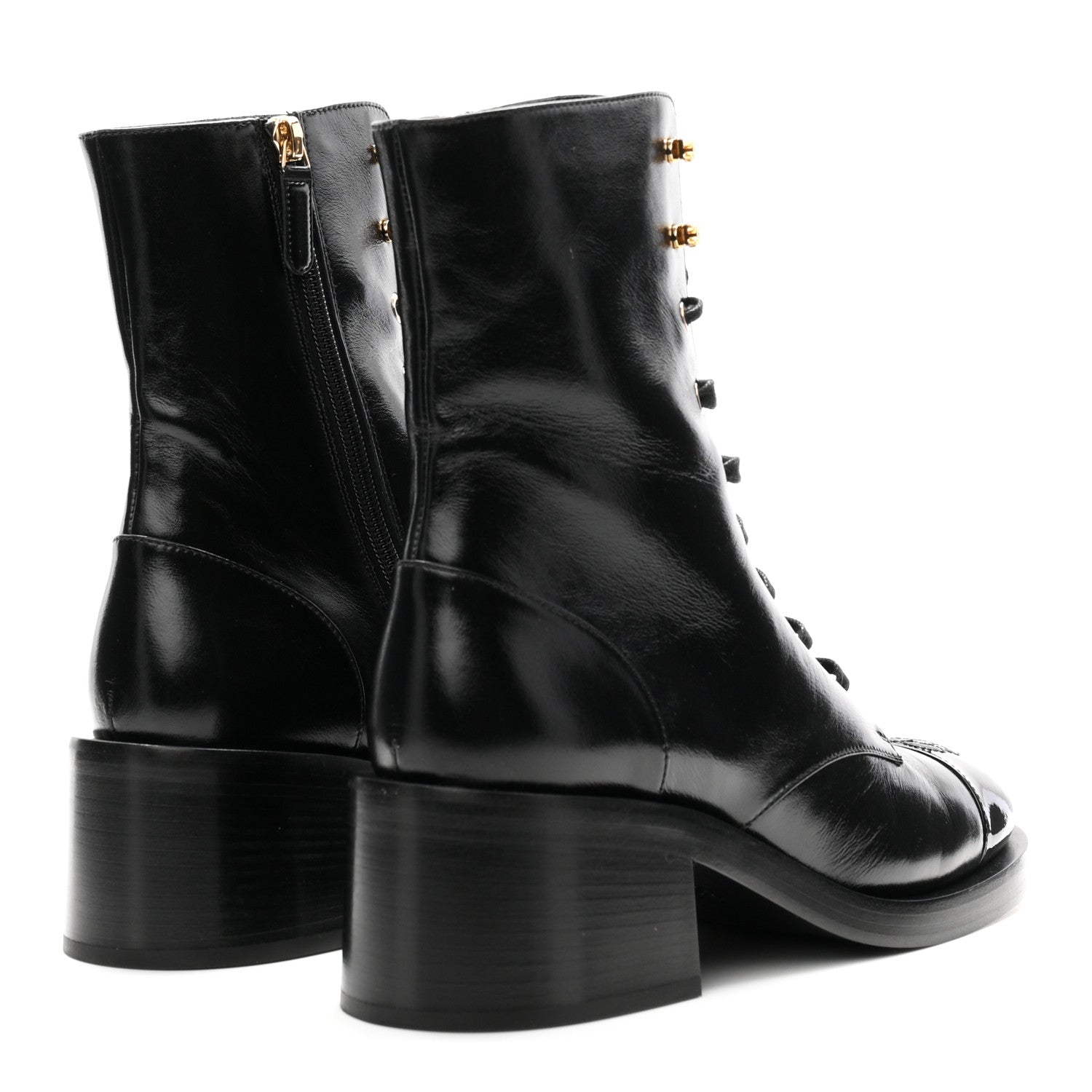 Chanel Shiny Calfskin Patent Cap Toe Lace Up Combat Boots 40 Black 5 of 10