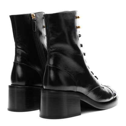 Chanel Shiny Calfskin Patent Cap Toe Lace Up Combat Boots 40 Black 5 of 10