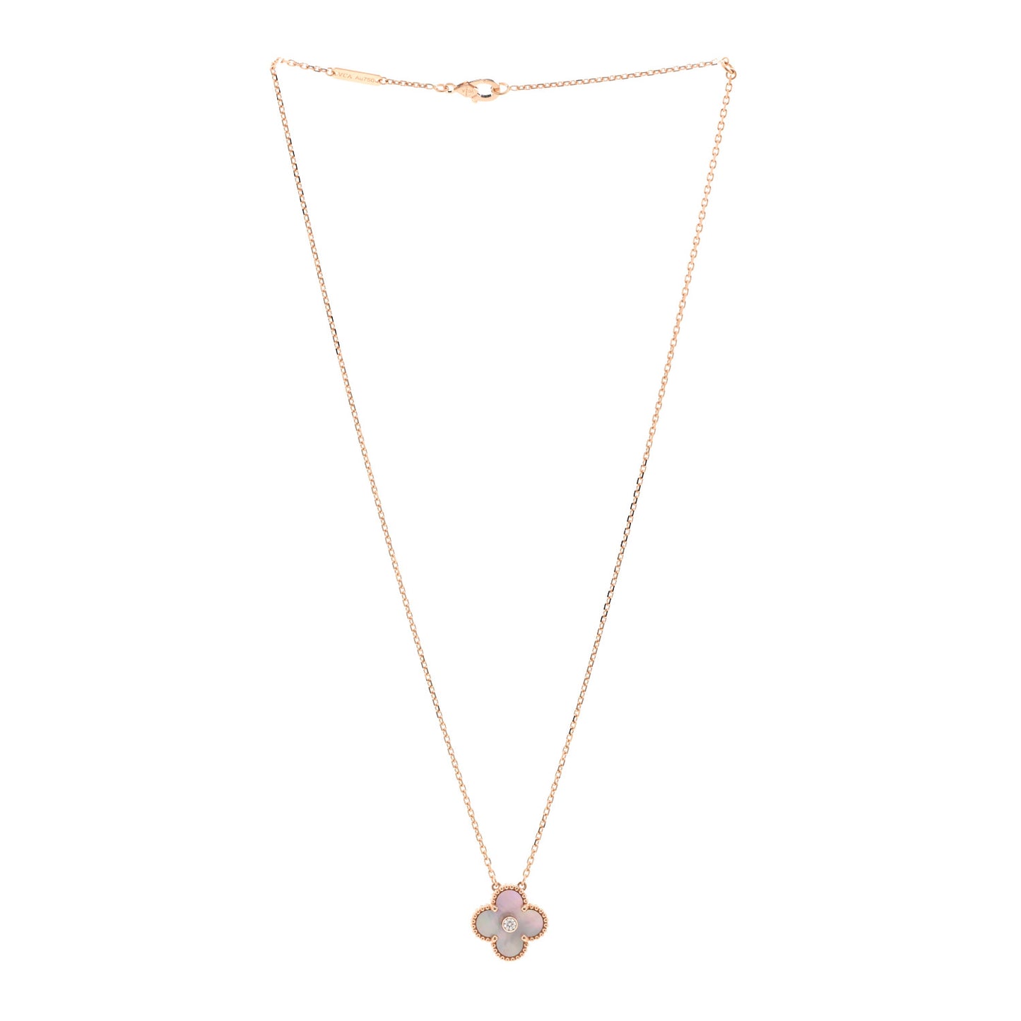 18K Rose Gold Diamond Pink Mother of Pearl Vintage Alhambra Pendant Necklace