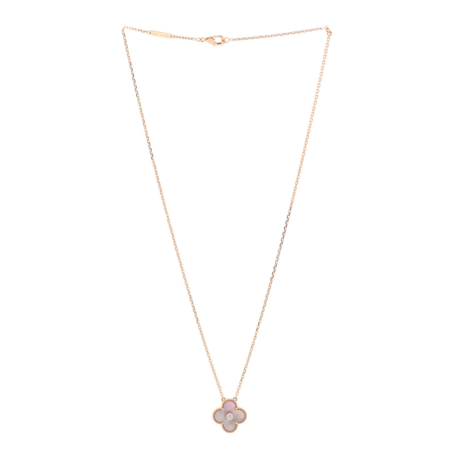 Van Cleef & Arpels 18K Rose Gold Diamond Pink Mother of Pearl Vintage Alhambra Pendant Necklace 3 of 6