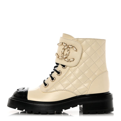 Chanel Shiny Lambskin Quilted Lace Up Combat Boots 35 Ivory Black 1 of 9