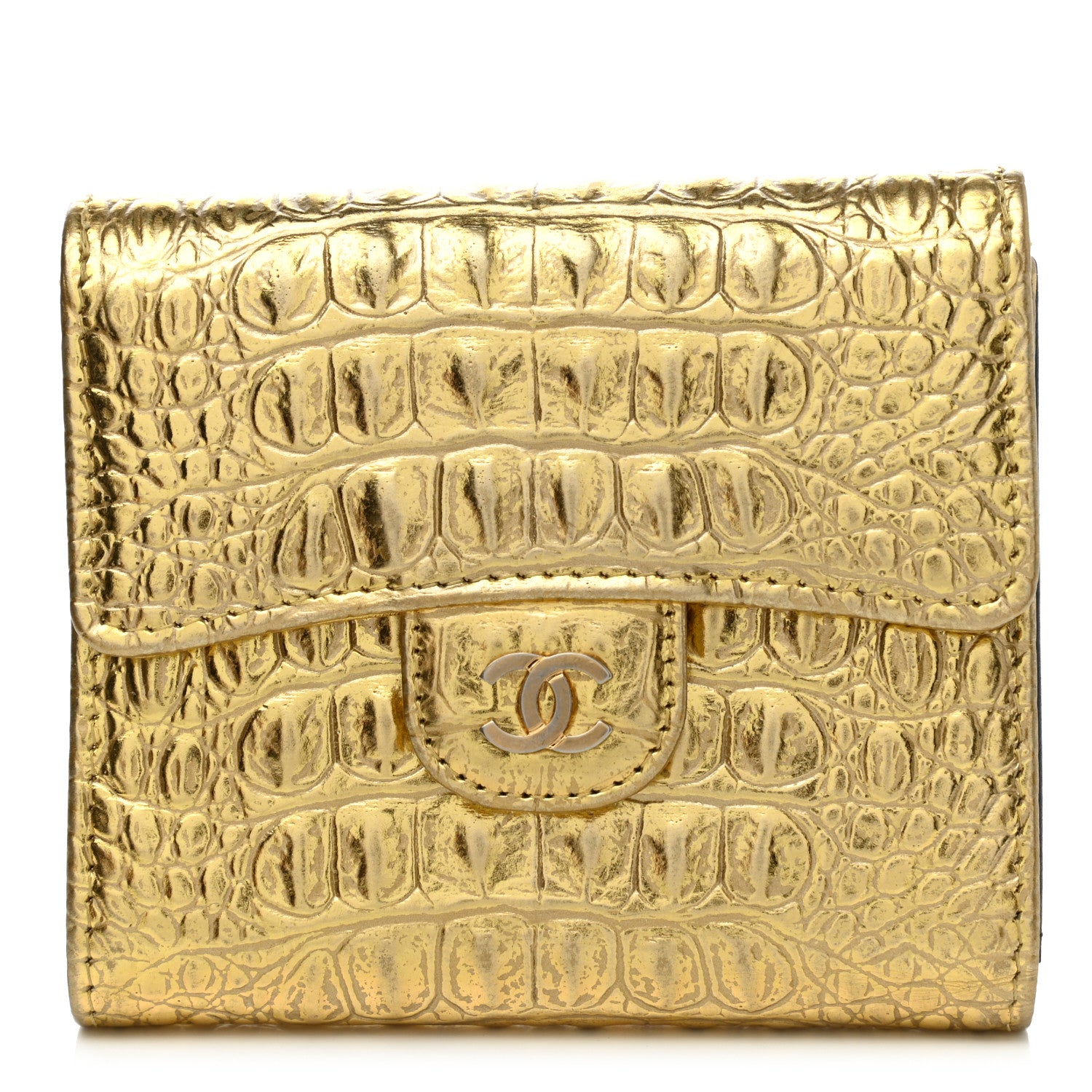 Chanel Metallic Calfskin Crocodile Embossed Cocodile Compact Flap Wallet Gold 1 of 8
