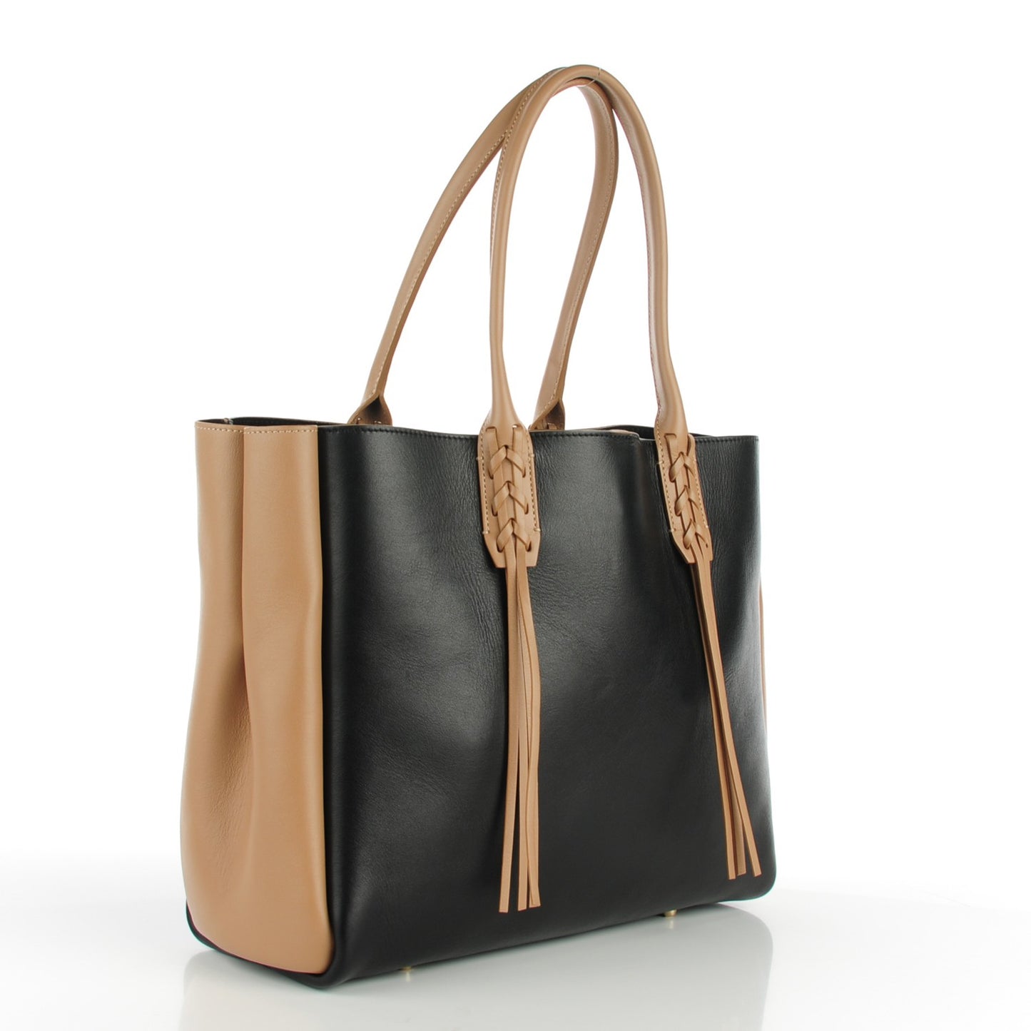 Smooth Calfskin Small Fringe Bi-Color Shopper Tote Black