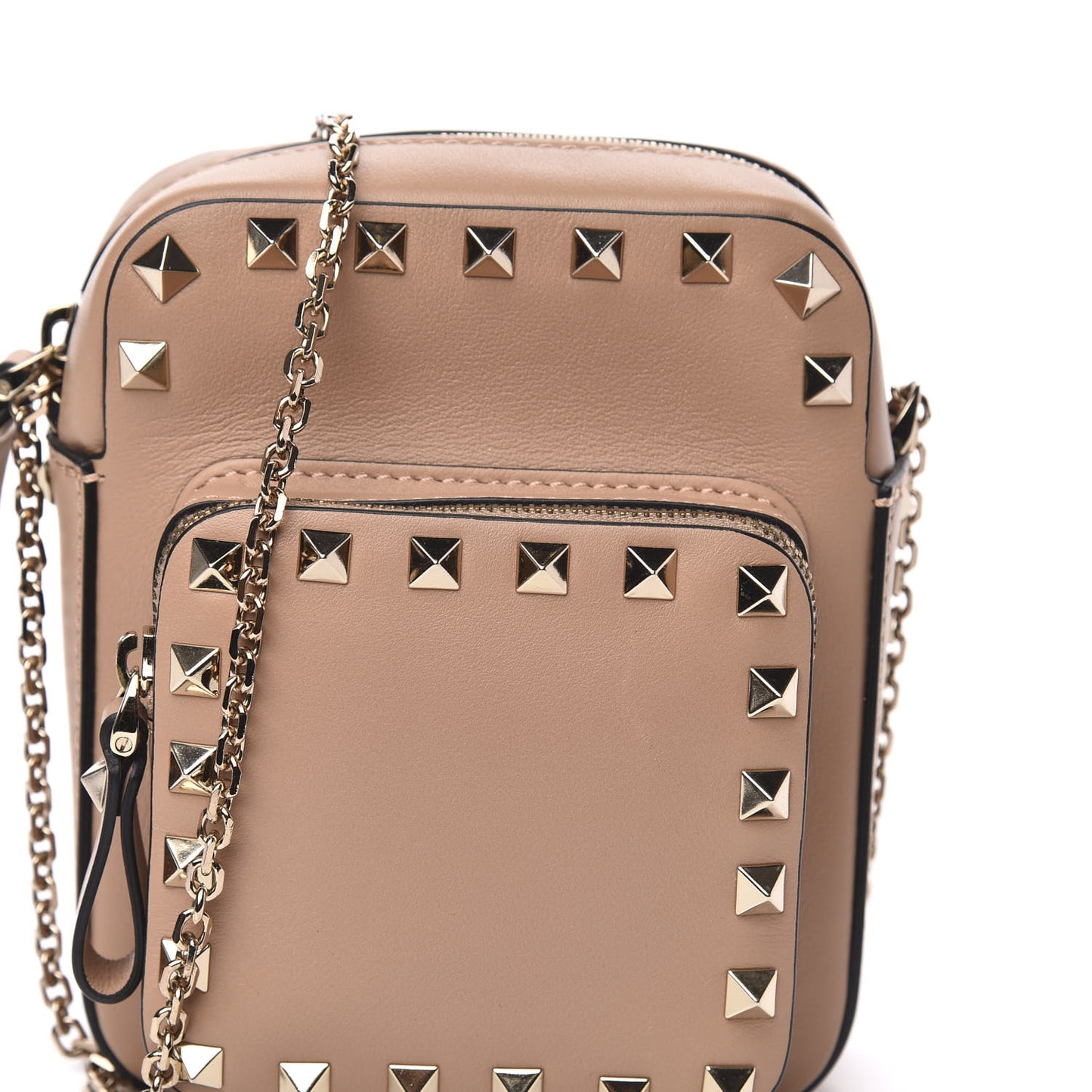 Calfskin Rockstud Double Pocket Chain Crossbody Bag Soft Noisette