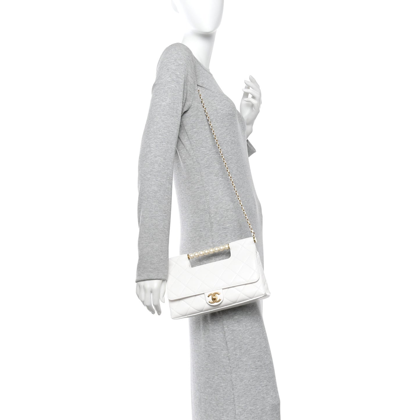 Shiny Lambskin Pearl Top Handle Flap Shopping Bag White
