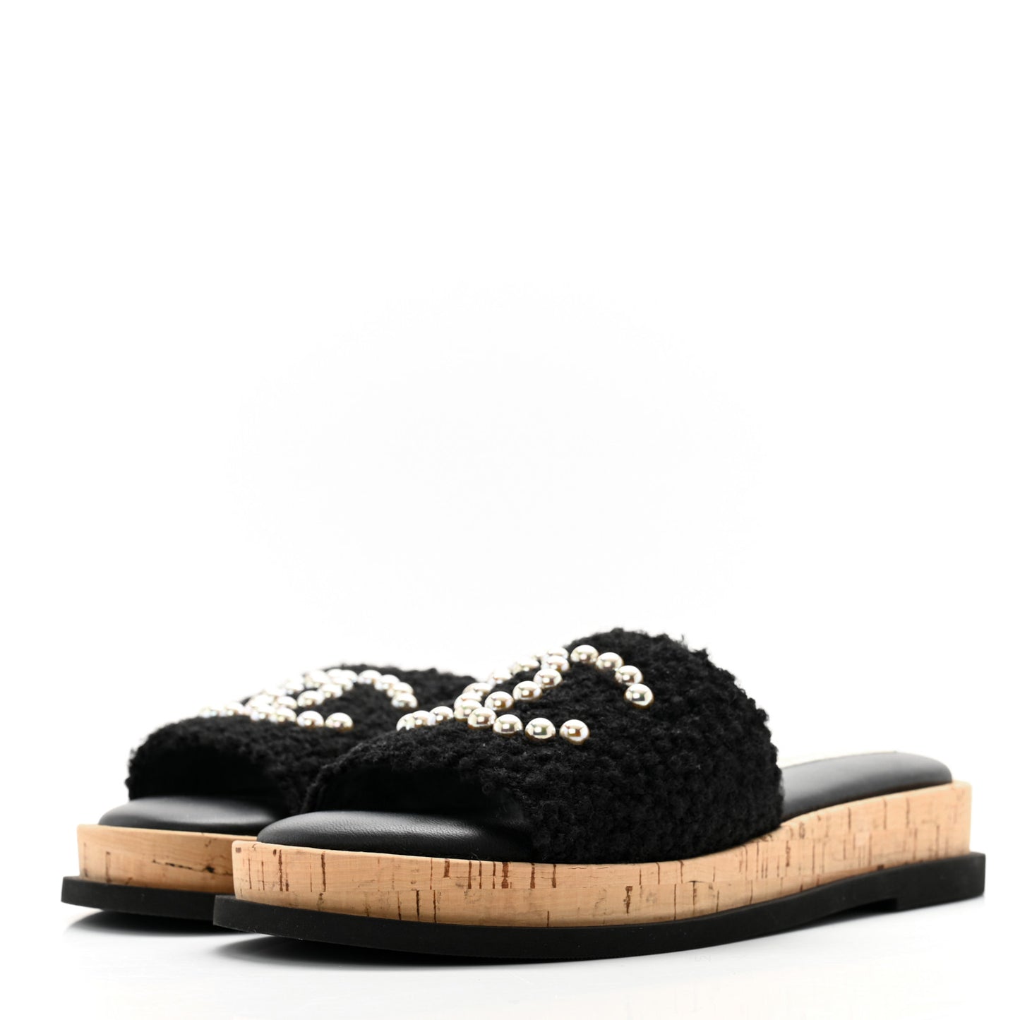Fabric Pearl Cork CC Slip On Sandals 38 Black