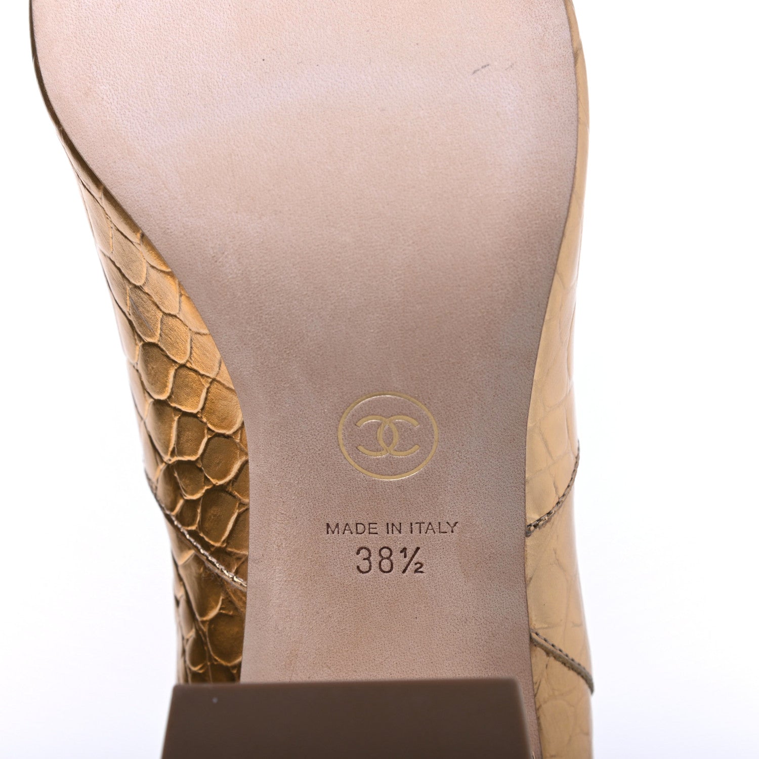 Chanel Calfskin Crocodile Embossed Cap Toe High Boots 38.5 Gold 7 of 11