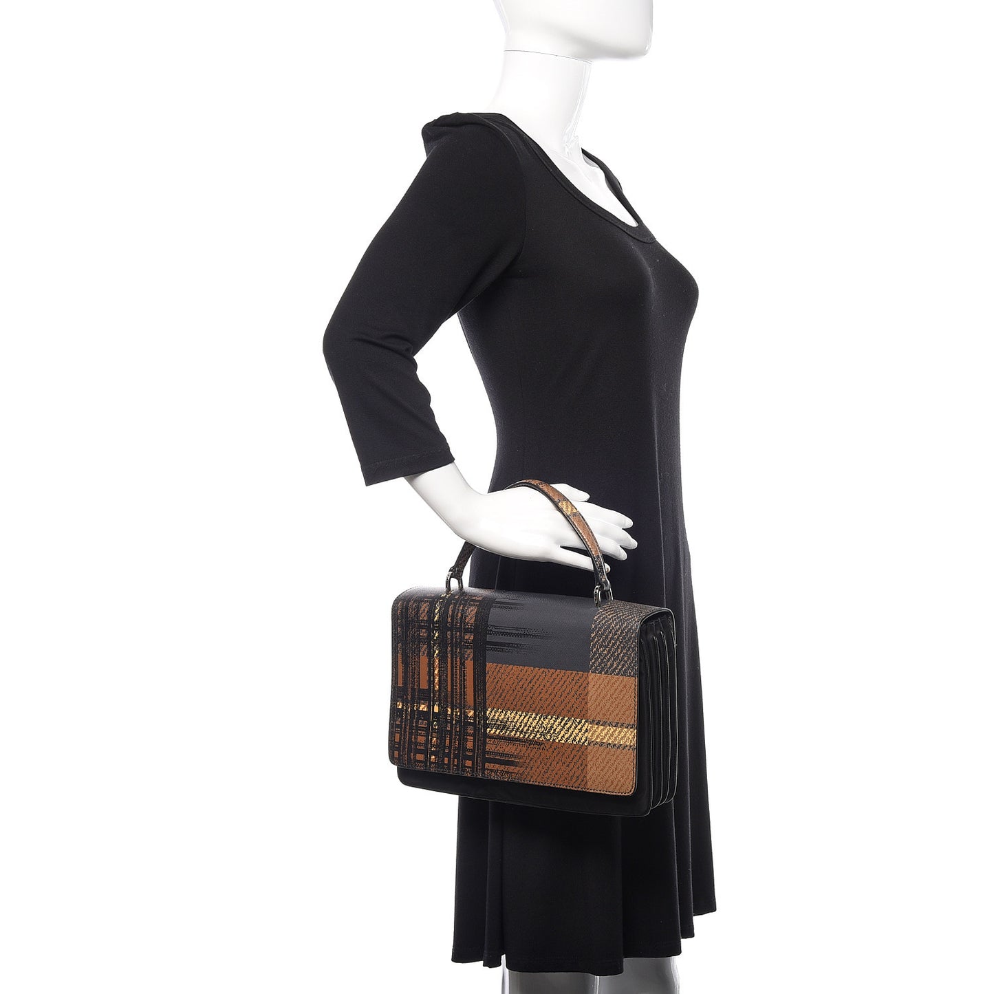 Tessuto Nylon Saffiano Tartan Print Top Handle Bag Cammello