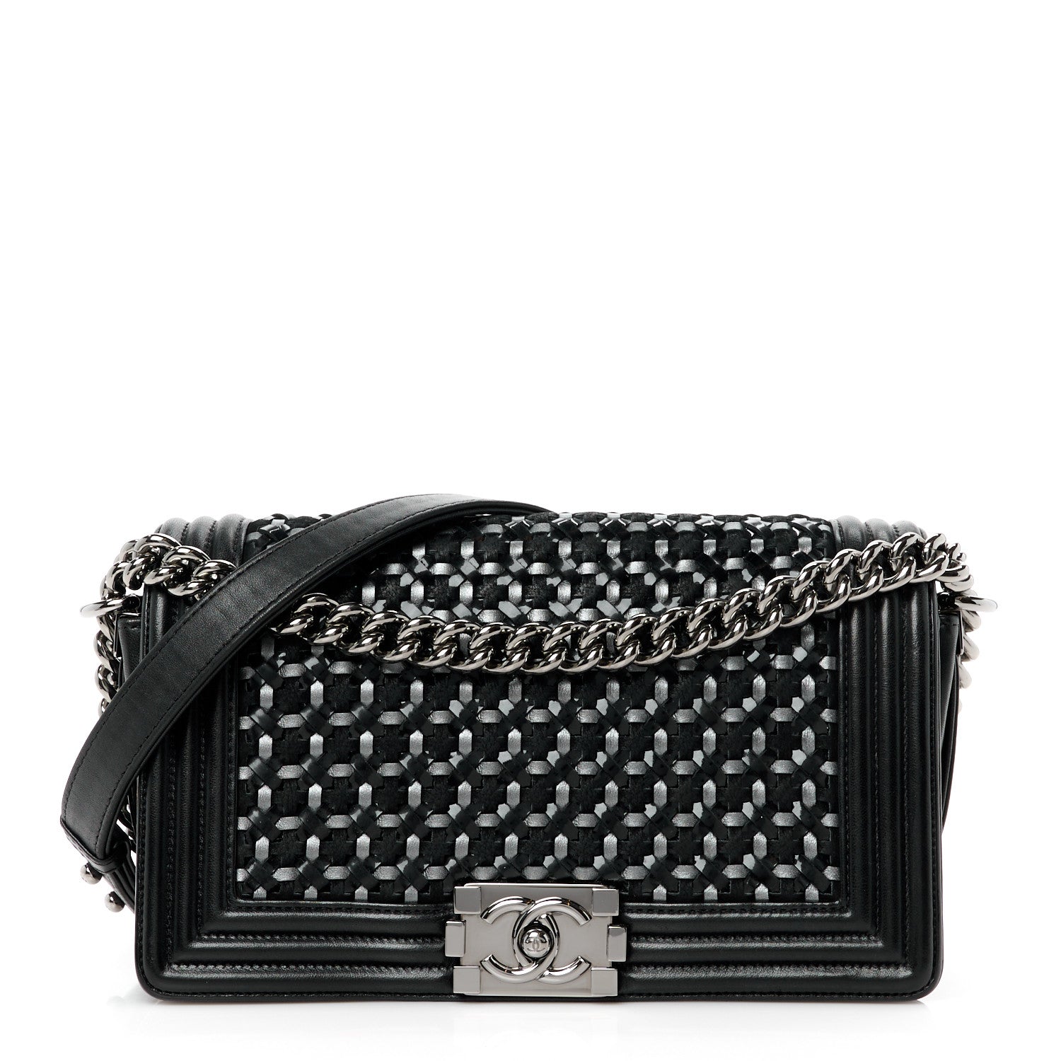 Chanel Calfskin Patent Braided Medium Boy Flap Black 1 of 10