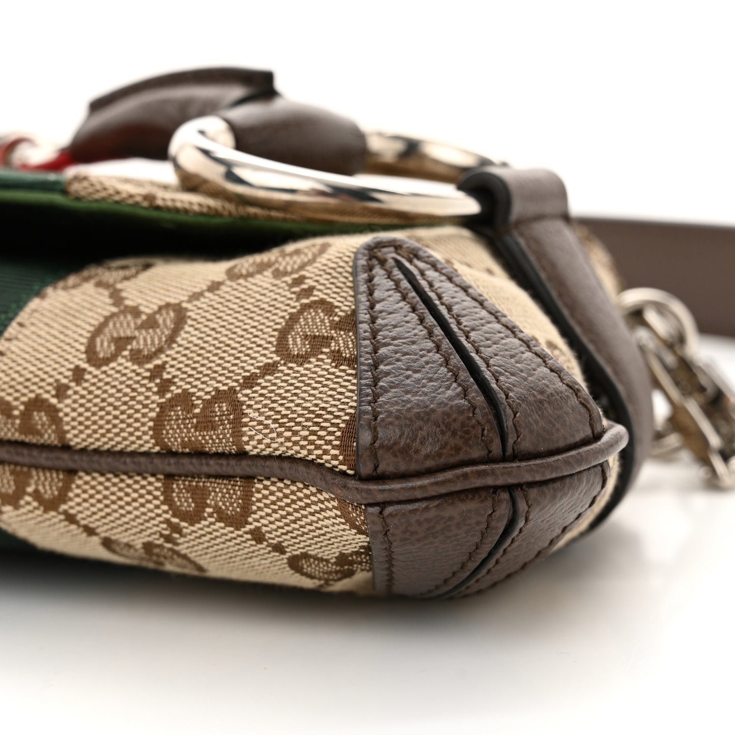 Monogram Textured Dollar Calfskin Heavy Grosgrain Web Small Maxi Horsebit Chain Shoulder Bag Beige Ebony New Acero