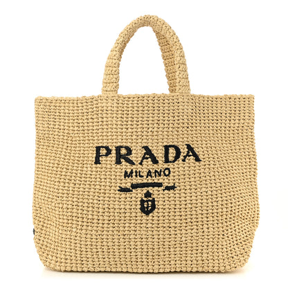 Prada Yarn Raffia Effect Crochet Embroidered Logo Tote Naturale 1 of 10