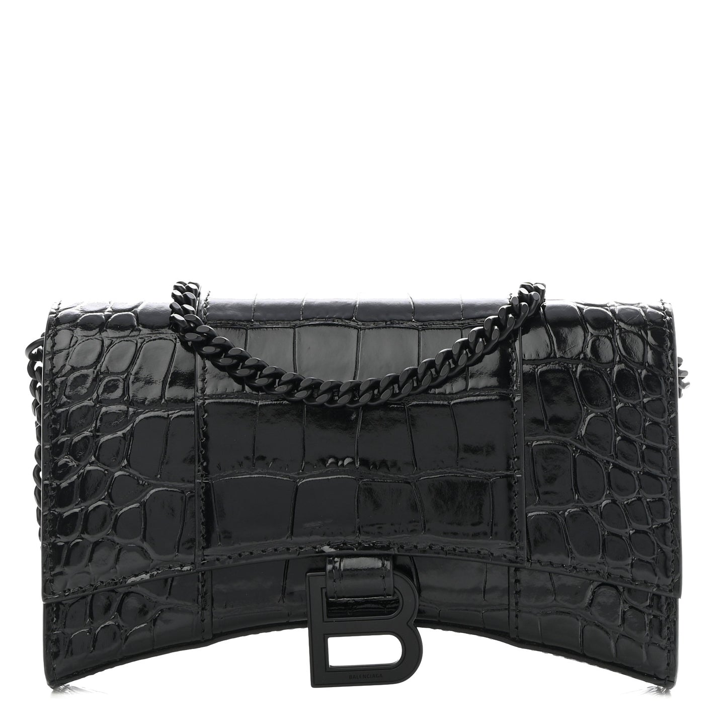 Shiny Calfskin Monochrome Crocodile Embossed Hourglass Chain Bag Black