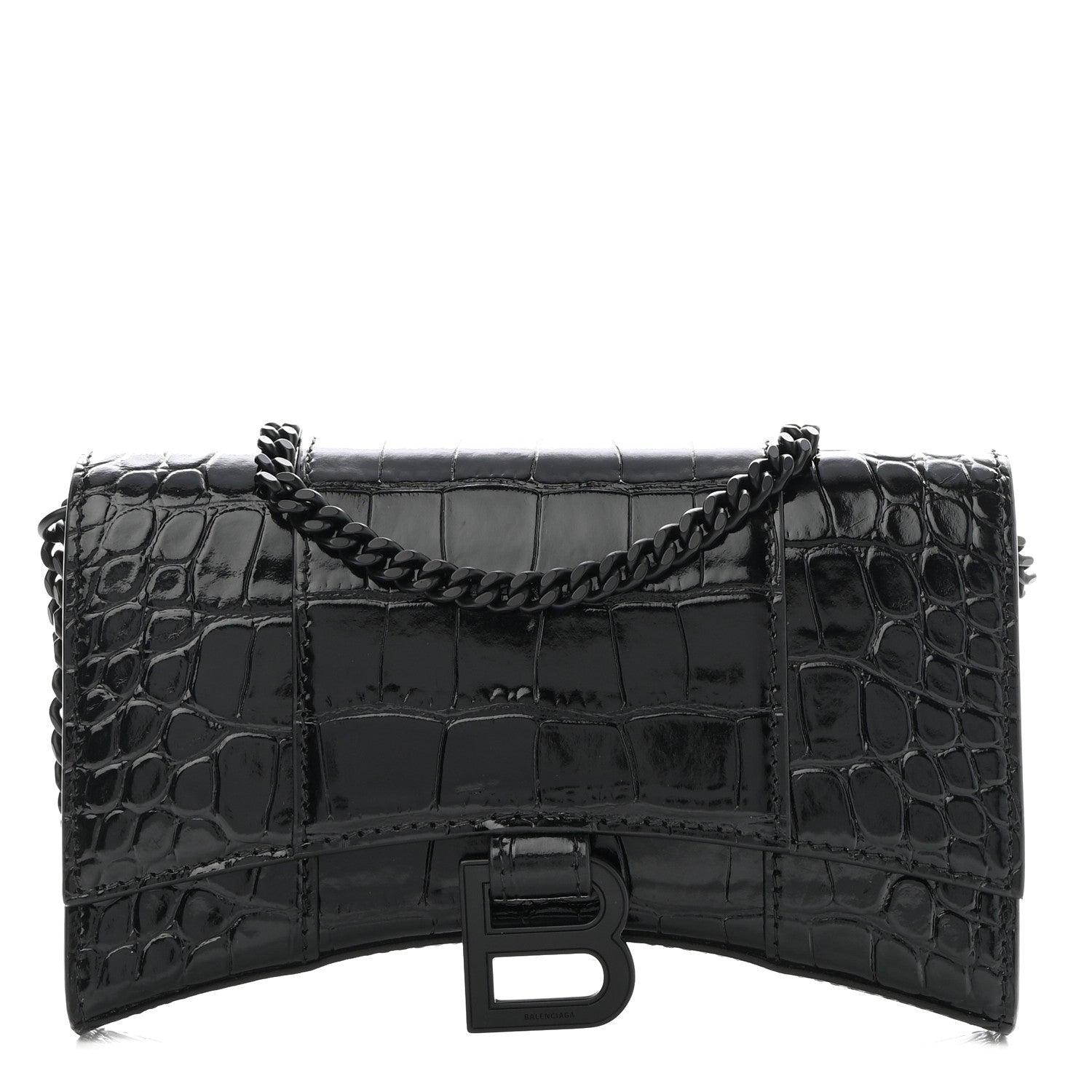 Balenciaga Shiny Calfskin Monochrome Crocodile Embossed Hourglass Chain Bag Black 1 of 8