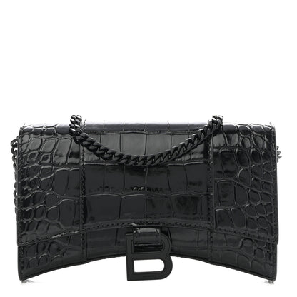 Balenciaga Shiny Calfskin Monochrome Crocodile Embossed Hourglass Chain Bag Black 1 of 8