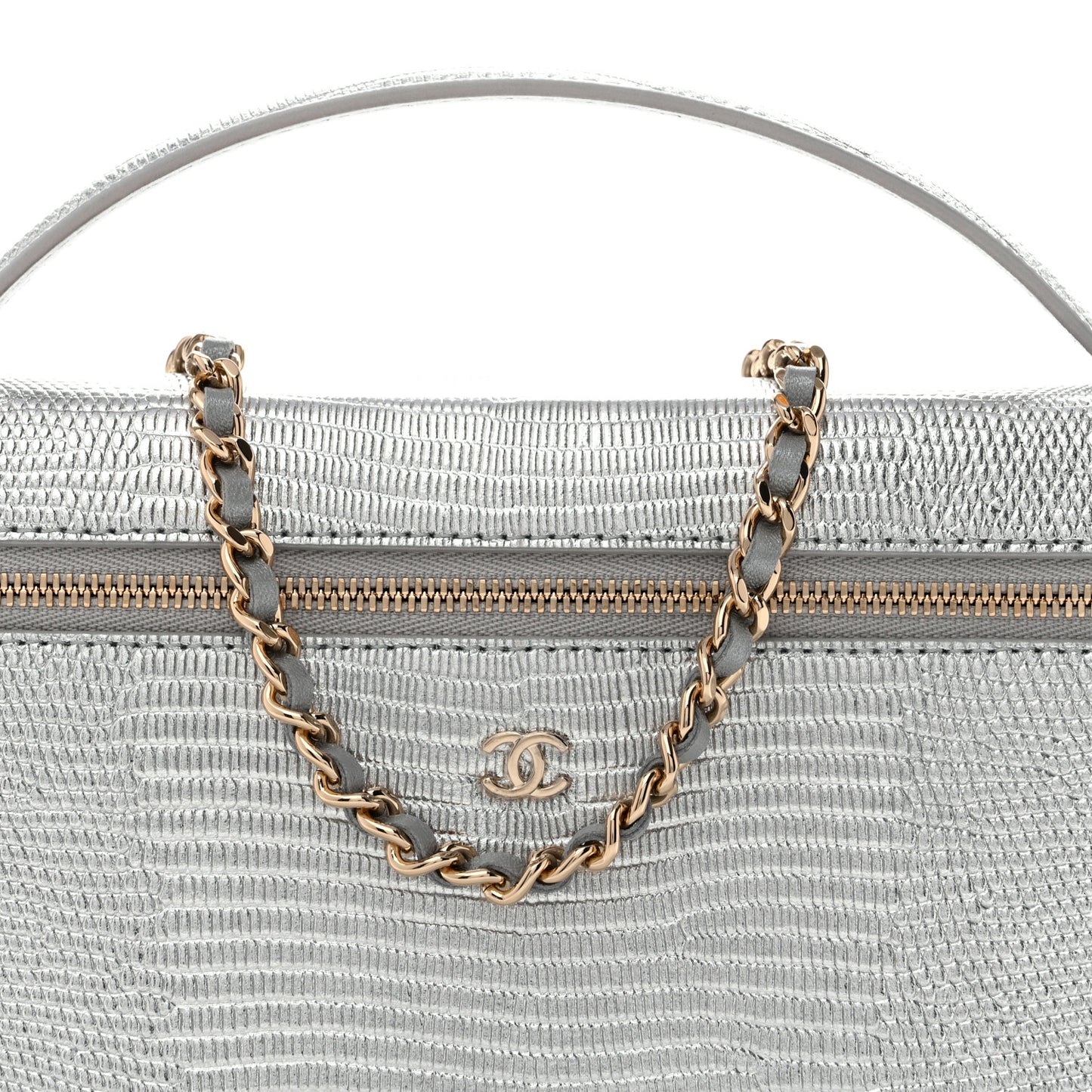 Lizard Embossed Top Handle Slim Vanity With Chain Silver