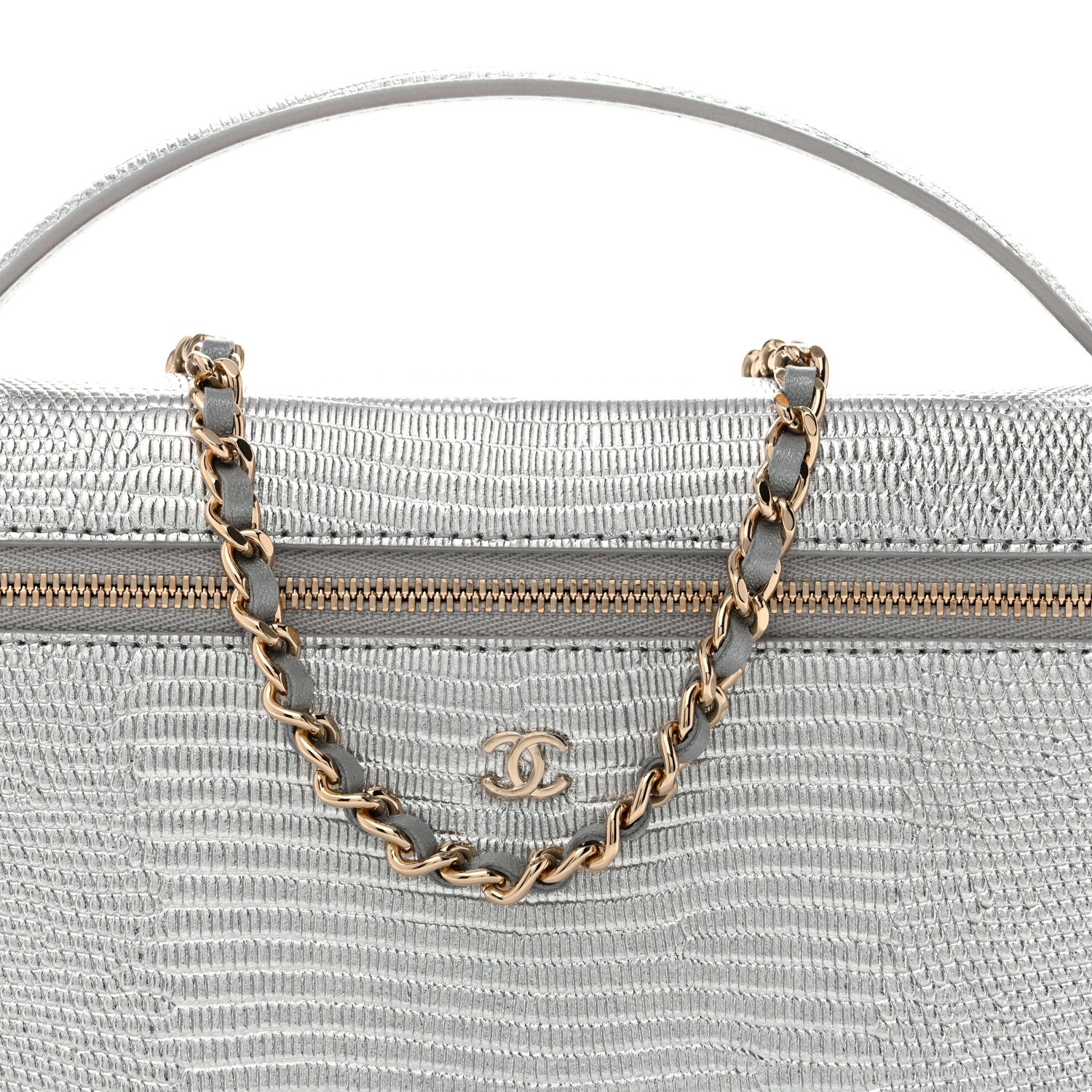 Chanel Lizard Embossed Top Handle Slim Vanity With Chain Silver 8 of 14