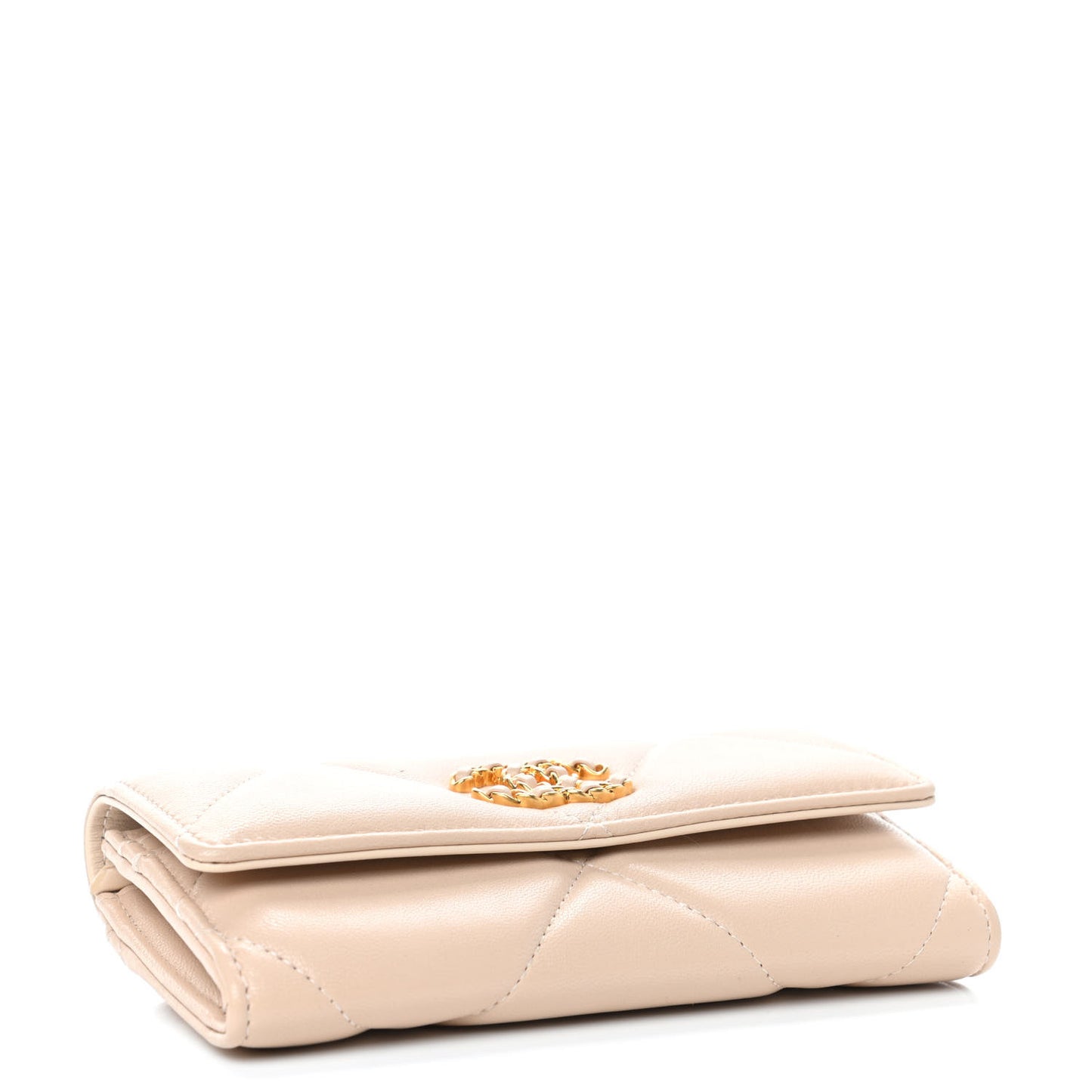 Shiny Goatskin Quilted Chanel 19 Flap Wallet Beige