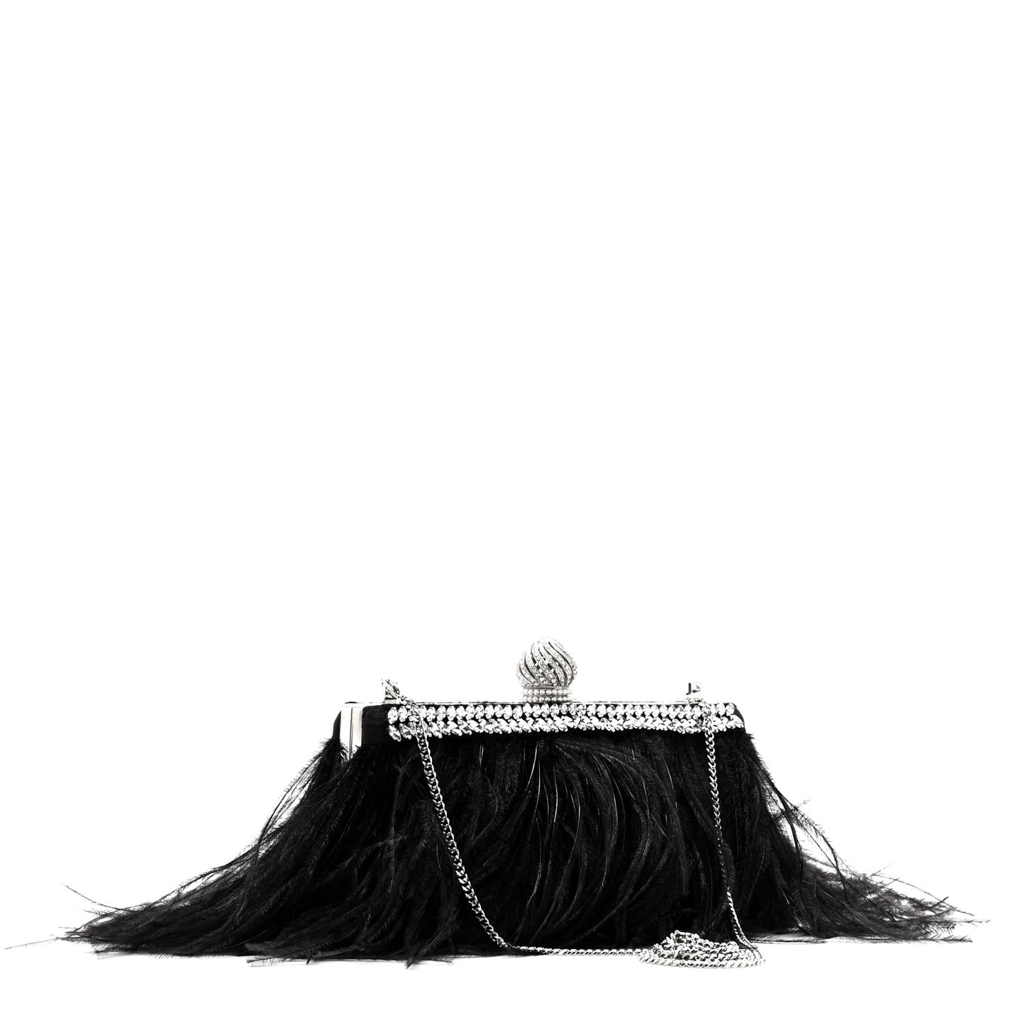 Satin Feather Crystal Embellished Celeste Clutch Black