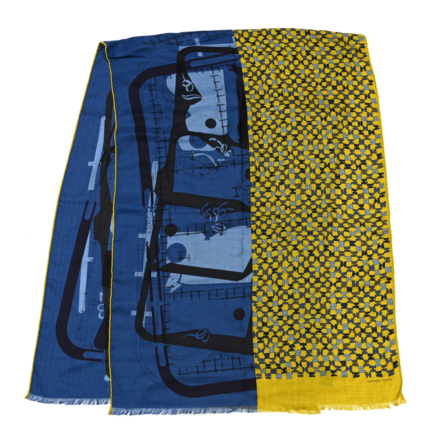 Hermes Cashmere Silk Imprimeur Fou Camails H Muffler Jaune Citron Mediterranee Indigo 3 of 6