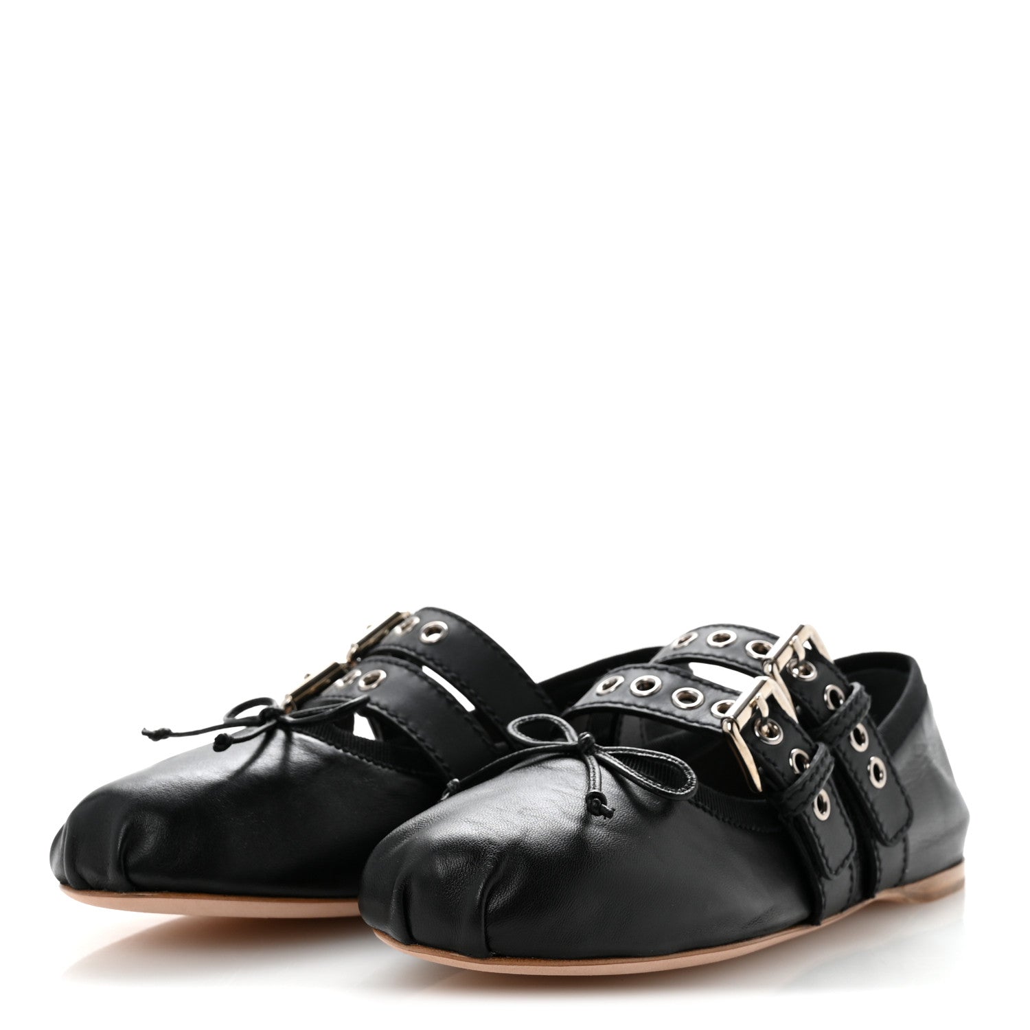 Miu Miu Nappa Vitello Nevada Double Buckle Ballerina Flats 36 Black 4 of 9
