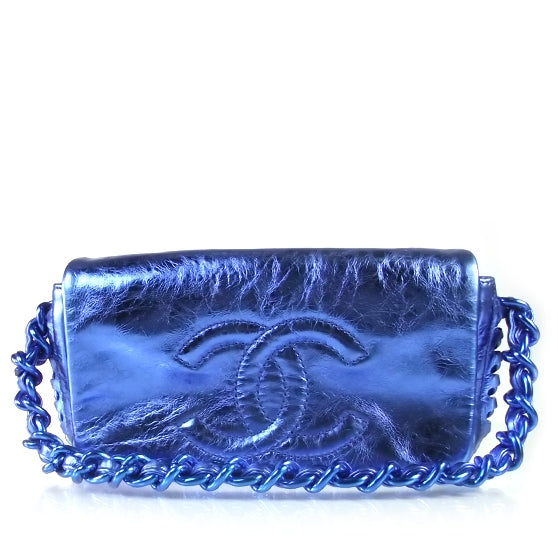 Leather Modern Chain Flap Bag Metallic Blue