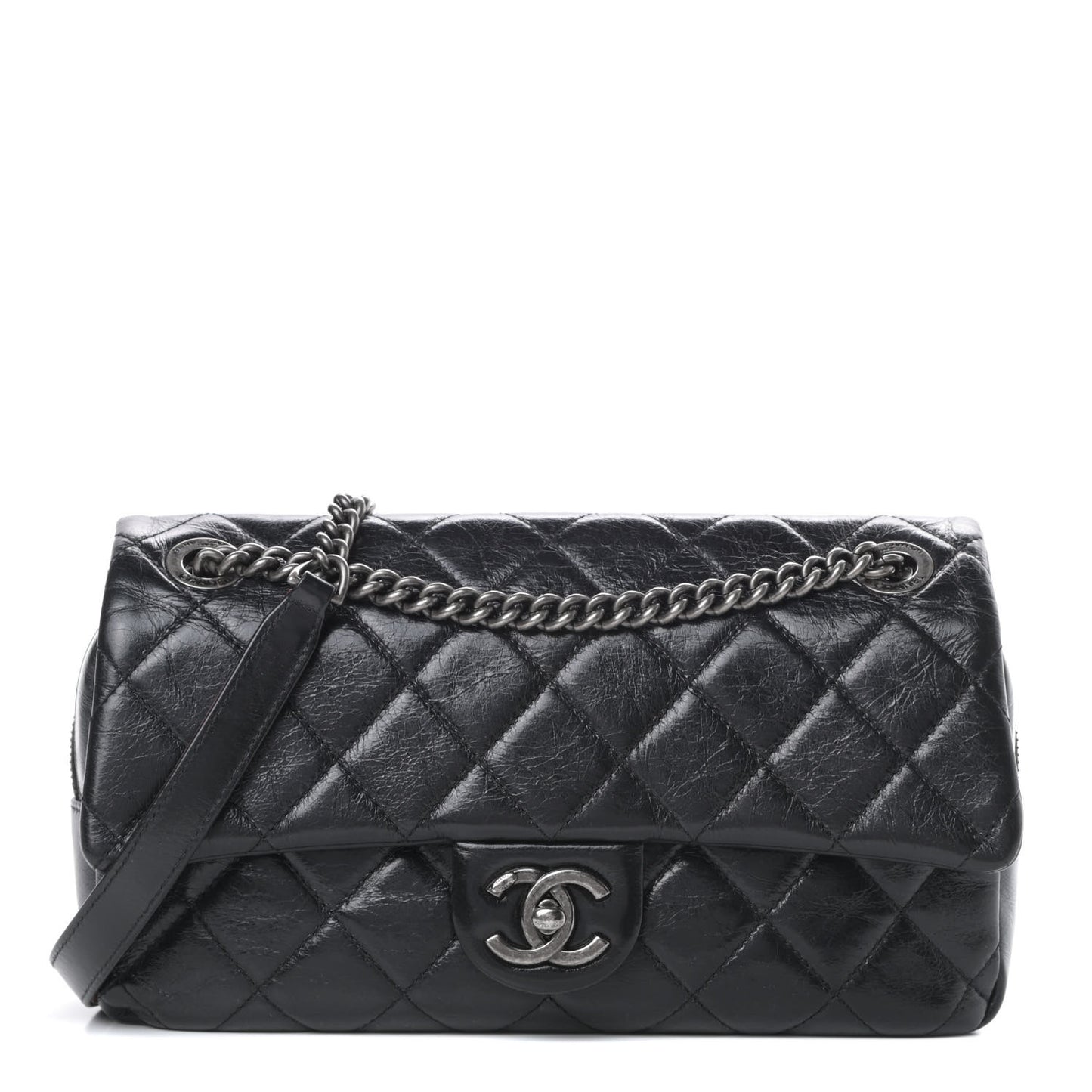 Glazed Calfskin Quilted Medium Duo Color Flap Black