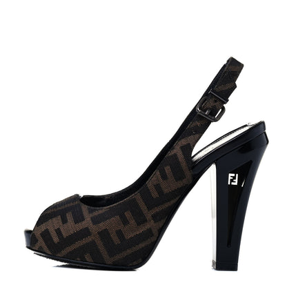 Fendi Jacquard Calfskin FF Open Toe Platform Slingback Pumps 36.5 Tobacco 2 of 8