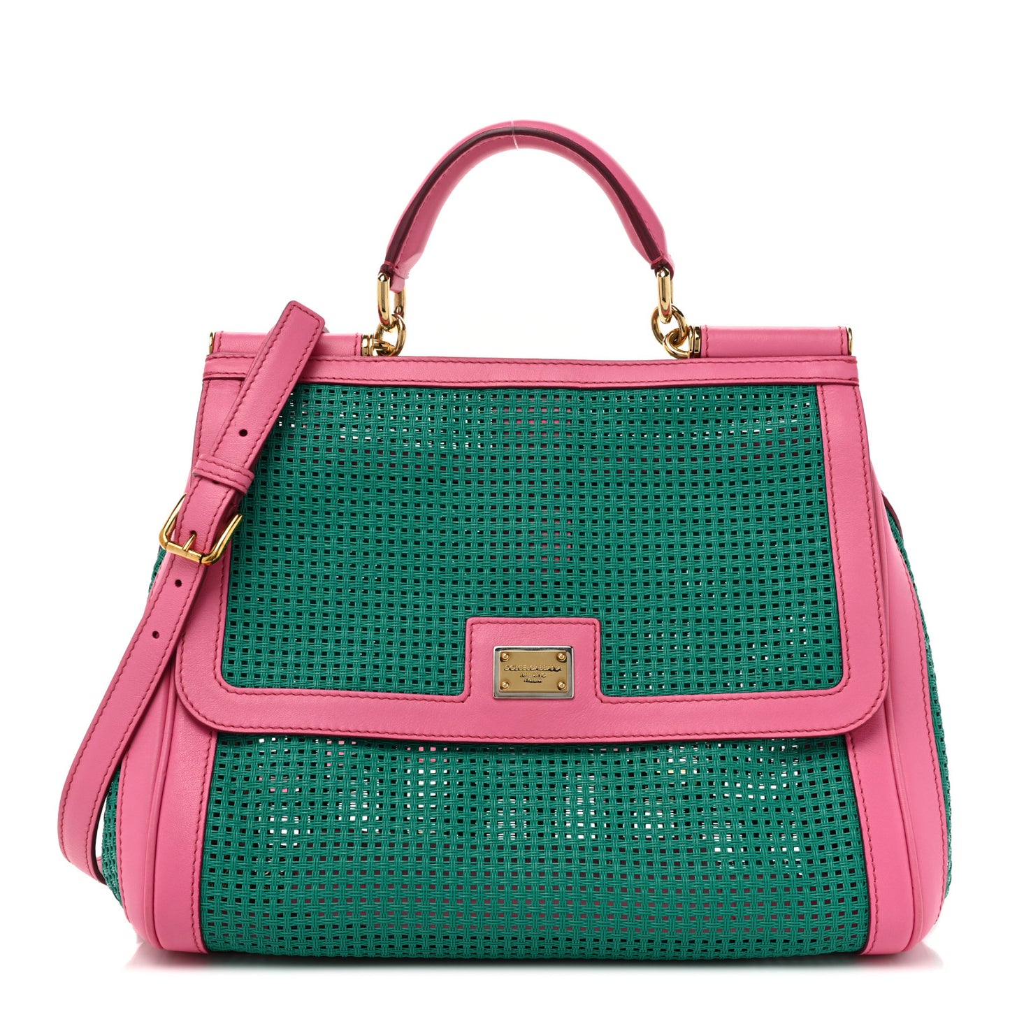Woven Raffia Calfskin Large Miss Sicily Satchel Green Pink