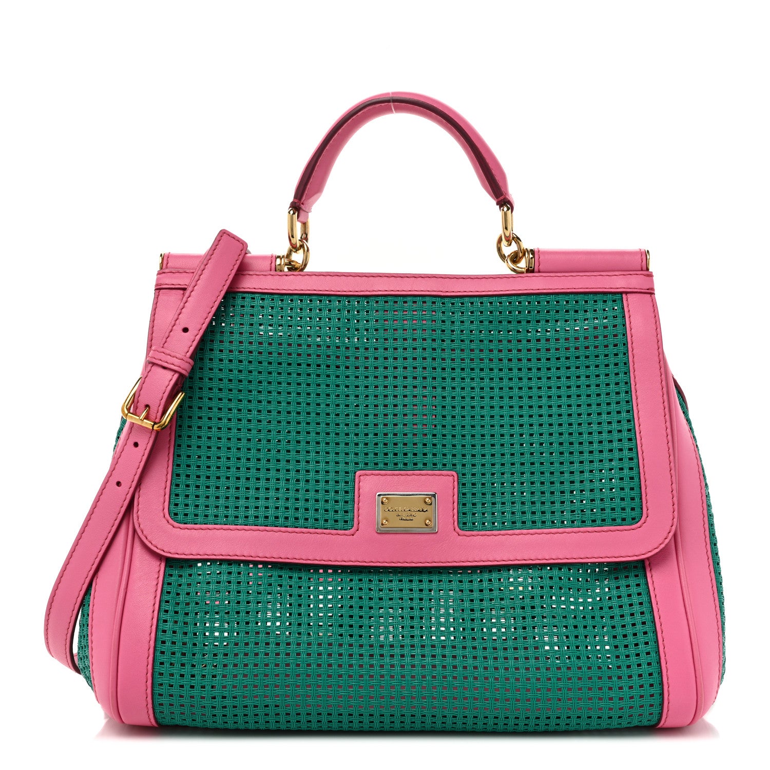 Dolce & Gabbana Woven Raffia Calfskin Large Miss Sicily Satchel Green Pink 1 of 17