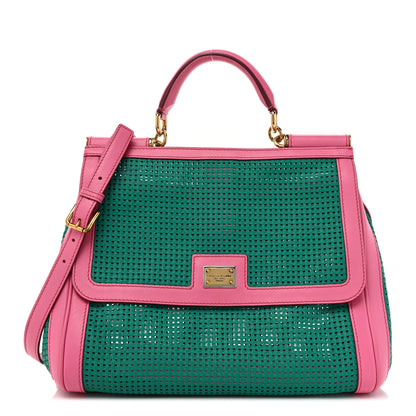 Dolce & Gabbana Woven Raffia Calfskin Large Miss Sicily Satchel Green Pink 1 of 17