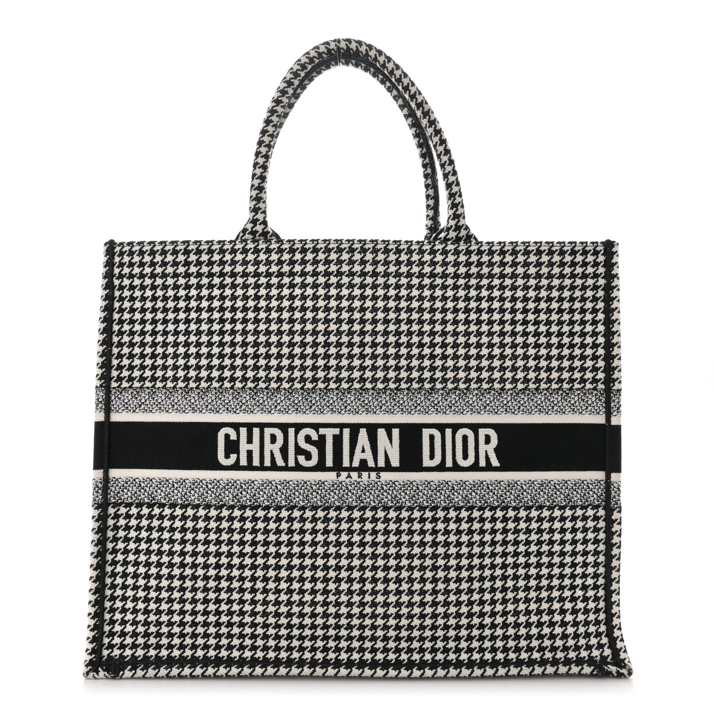 Canvas Houndstooth Embroidered Large Book Tote Black White