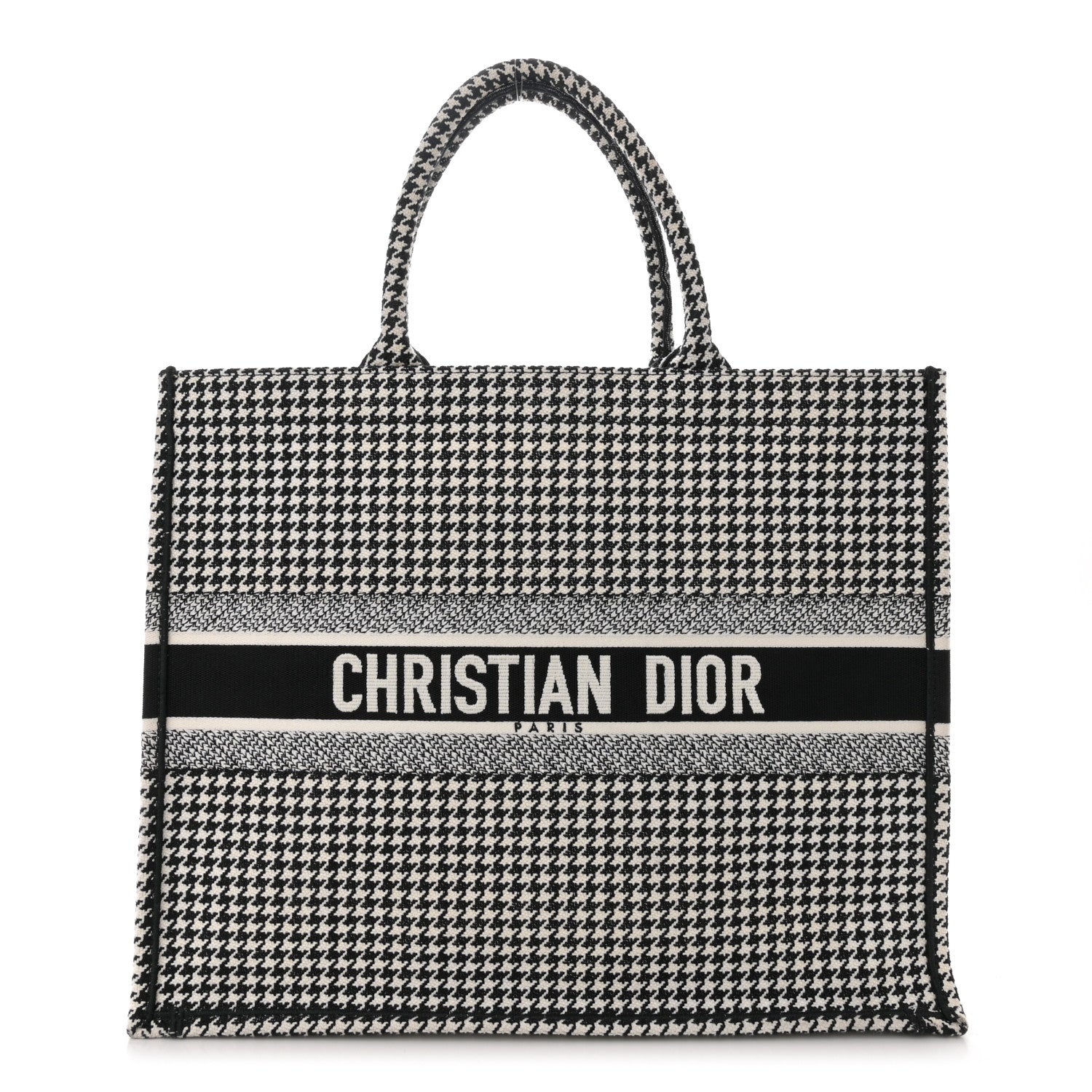 Christian Dior Canvas Houndstooth Embroidered Large Book Tote Black White 1 of 12