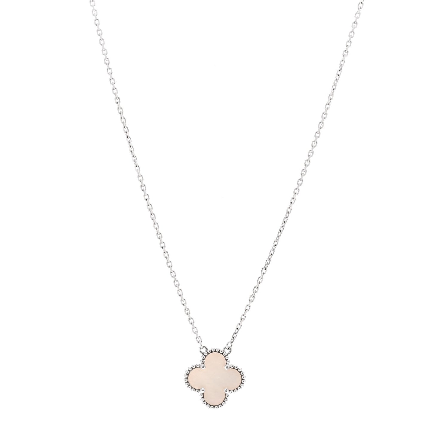 18K White Gold Mother Of Pearl Vintage Alhambra Pendant Necklace