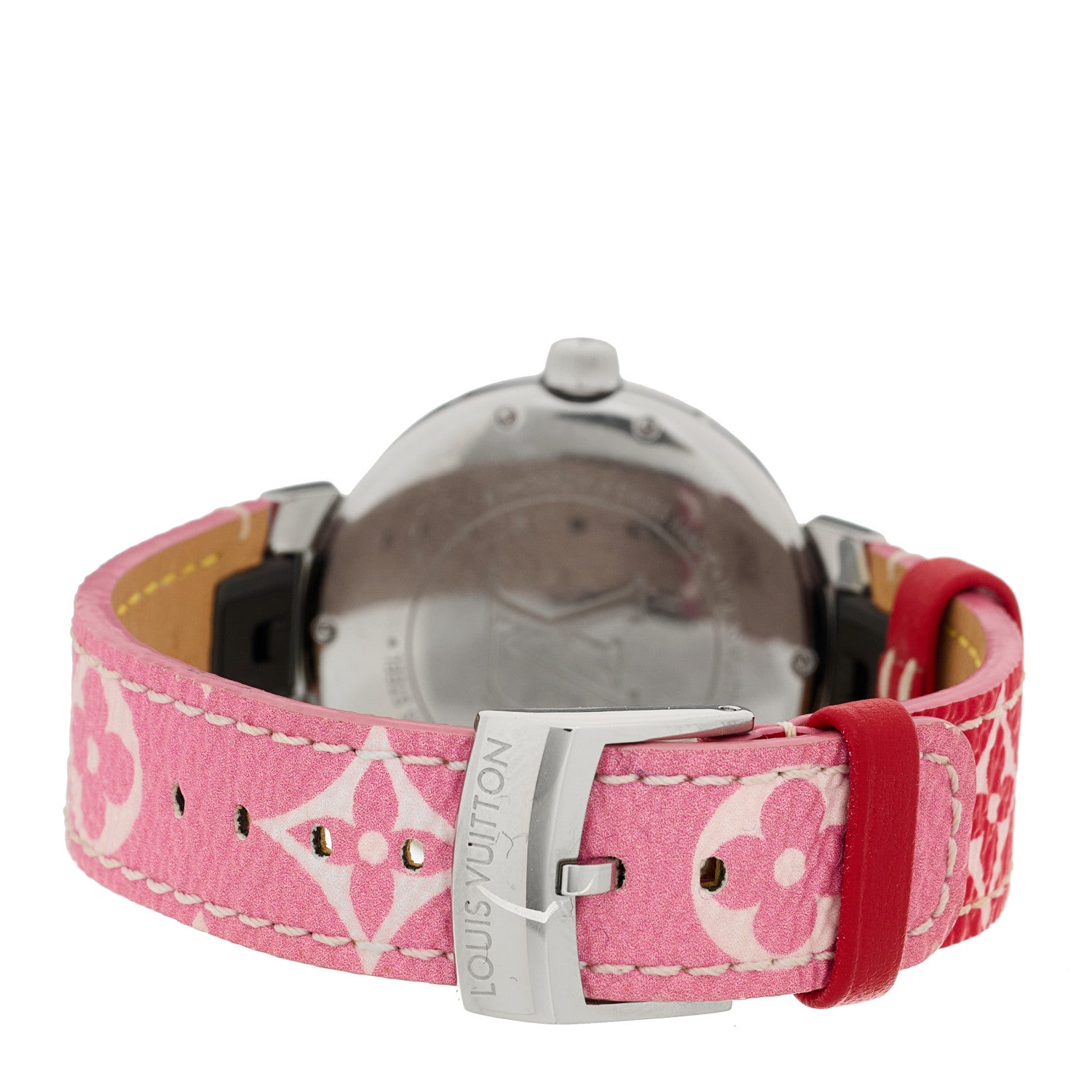 Louis Vuitton Stainless Steel Monogram 35mm Tambour GMT Quartz Watch Pink 3 of 4