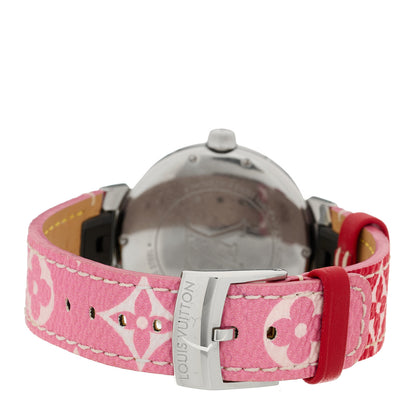 Louis Vuitton Stainless Steel Monogram 35mm Tambour GMT Quartz Watch Pink 3 of 4