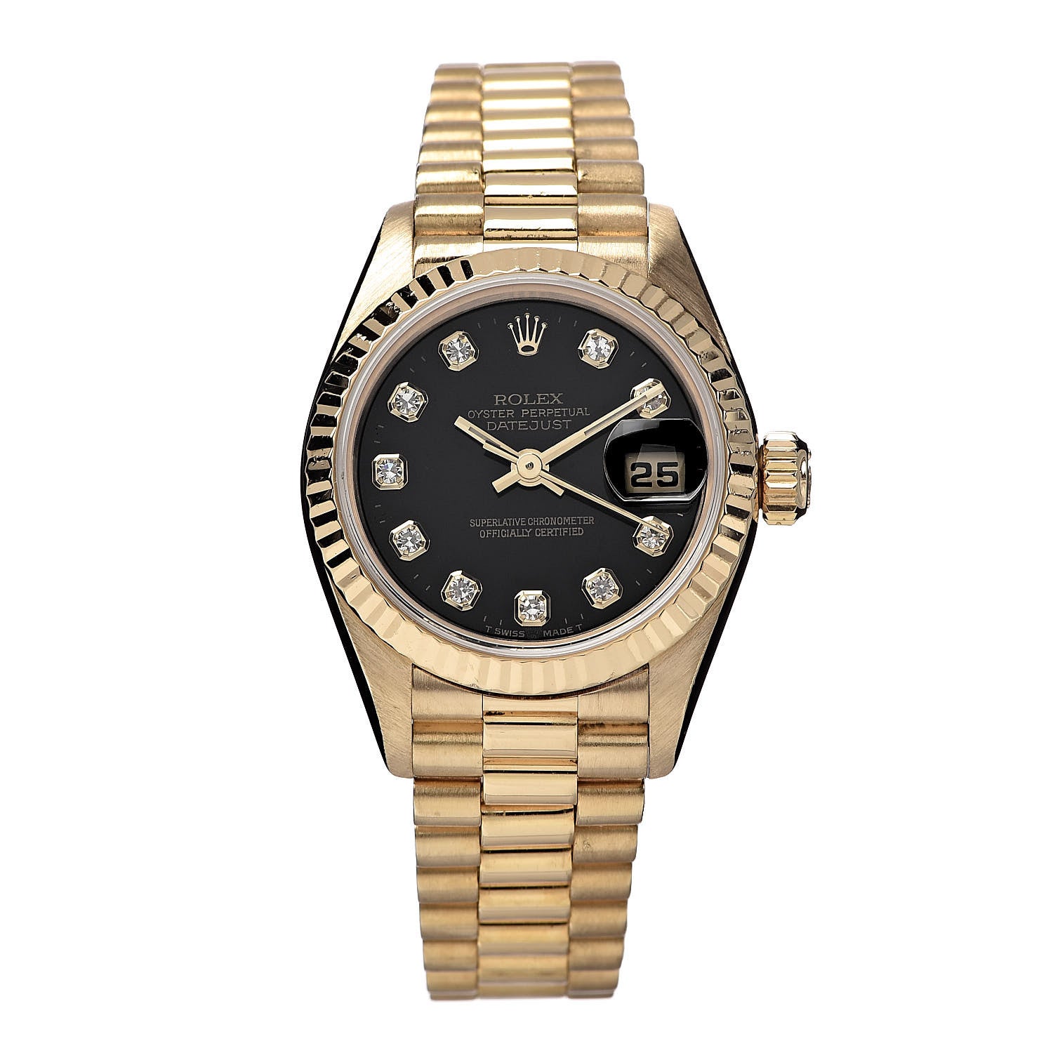 Rolex 18K Yellow Gold Diamond 26mm Datejust President Watch Black 69178 1 of 6