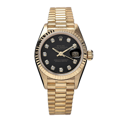 Rolex 18K Yellow Gold Diamond 26mm Datejust President Watch Black 69178 1 of 6