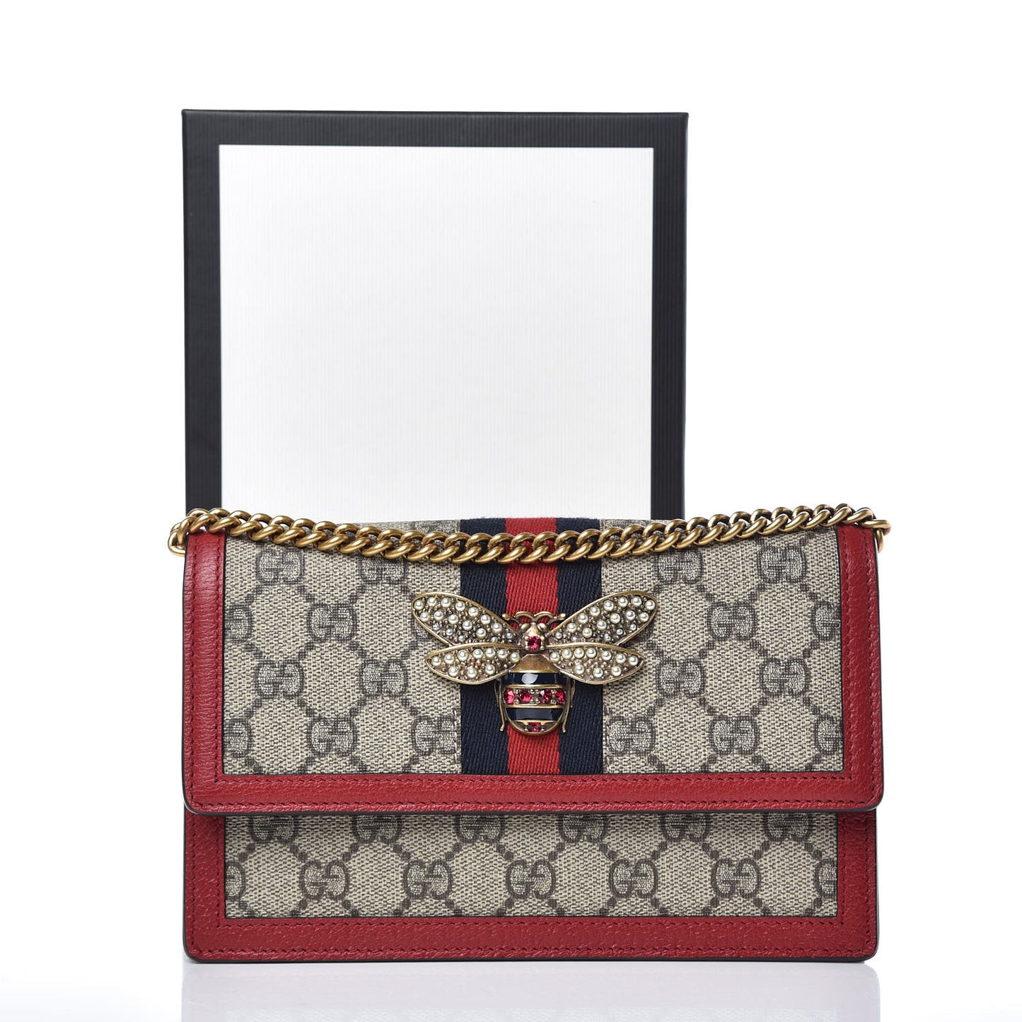 GG Supreme Monogram Web Queen Margaret Chain Wallet Red