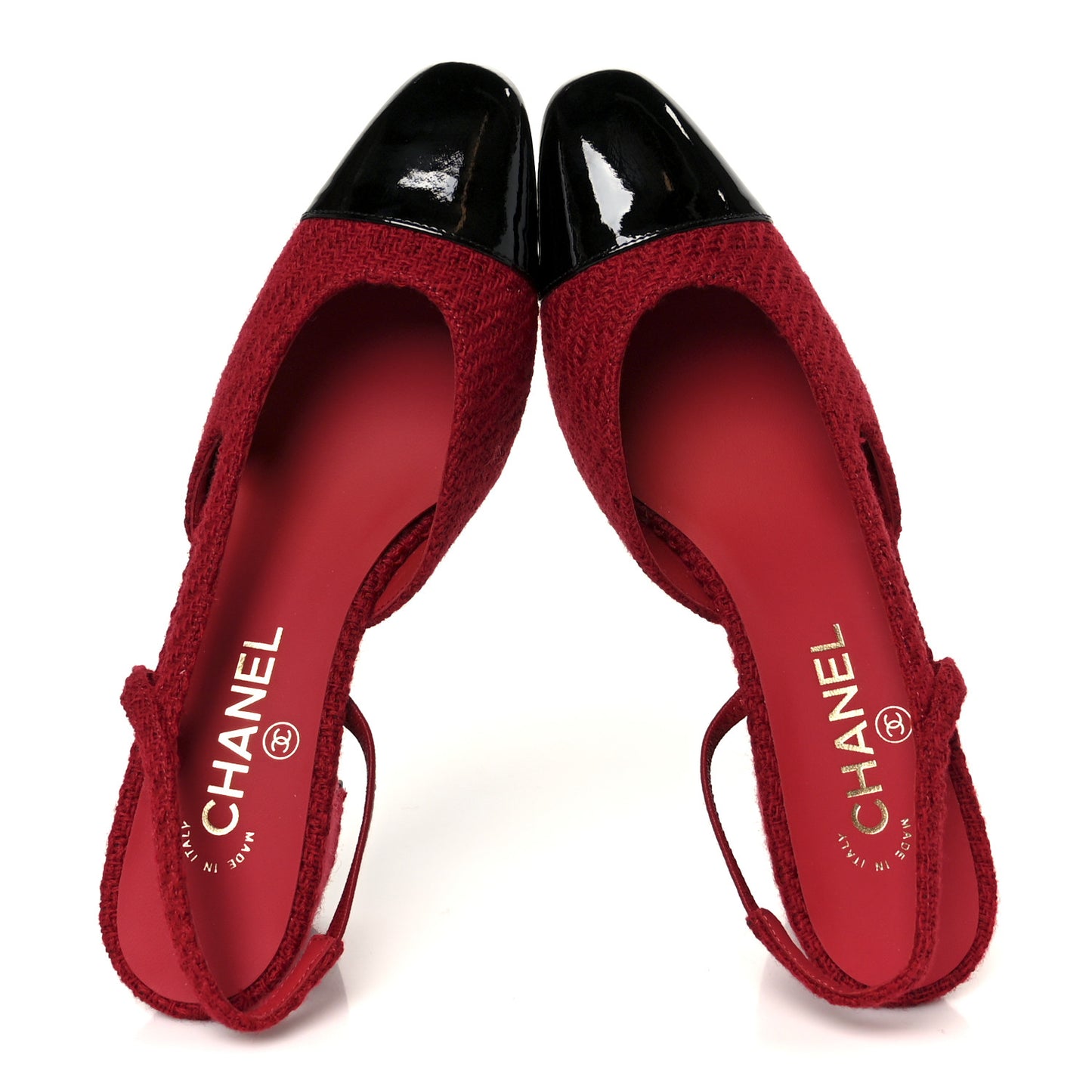 Tweed Patent Cap Toe CC Slingback Pumps 38.5 Red Black