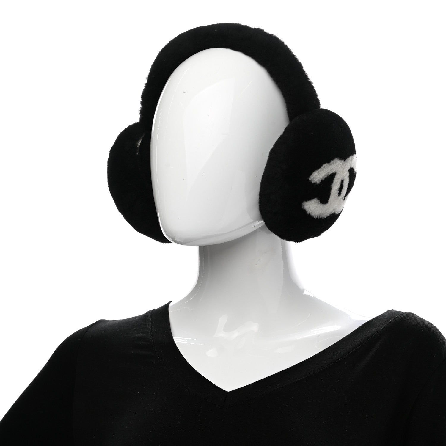 Chanel Shearling CC Ear Muffs Black White 2 of 5
