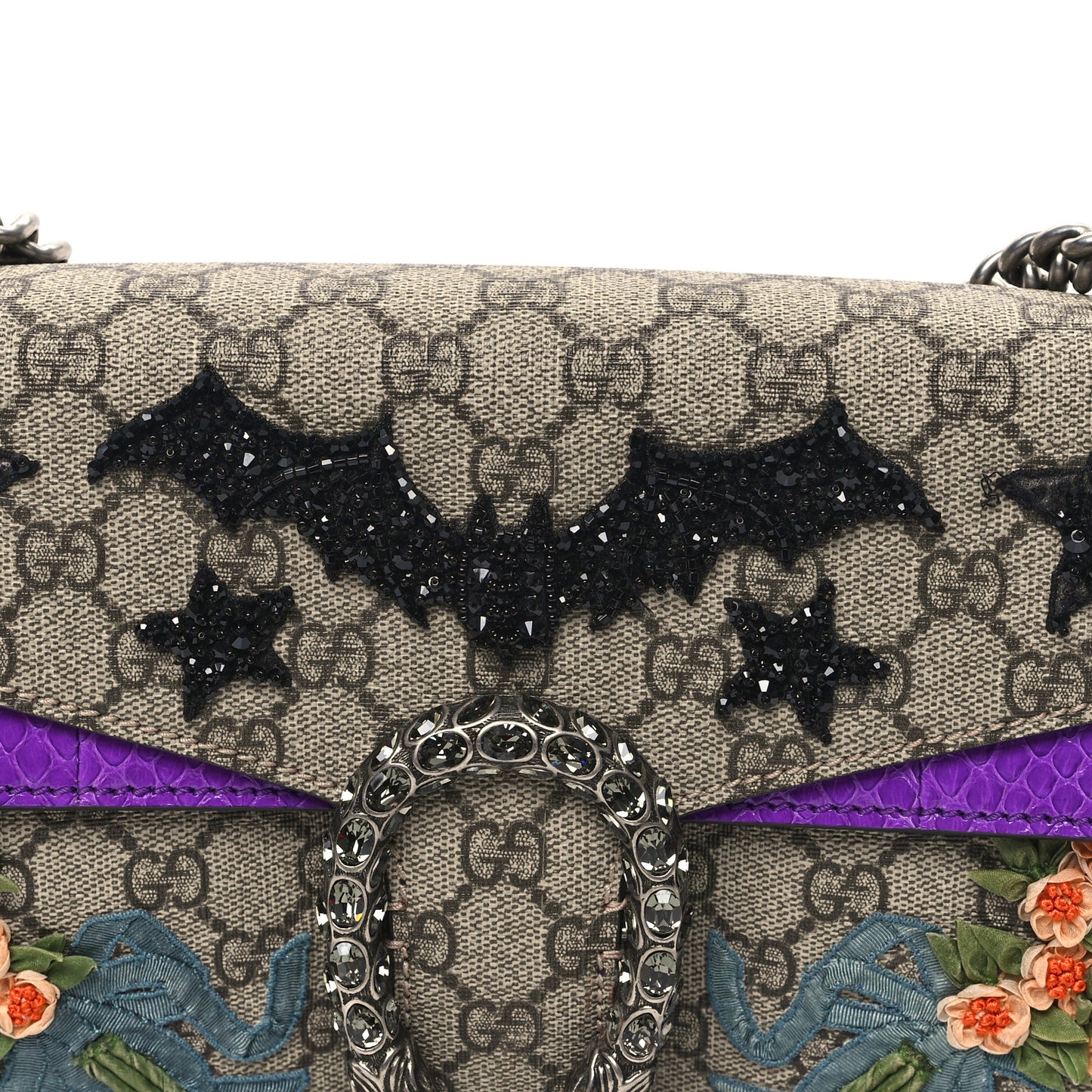 GG Supreme Monogram Snakeskin Bat Embroidered Small Dionysus Shoulder Bag Purple