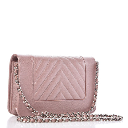 Chanel Metallic Caviar Chevron Quilted Vintage Mademoiselle Wallet On Chain WOC Pink 3 of 11